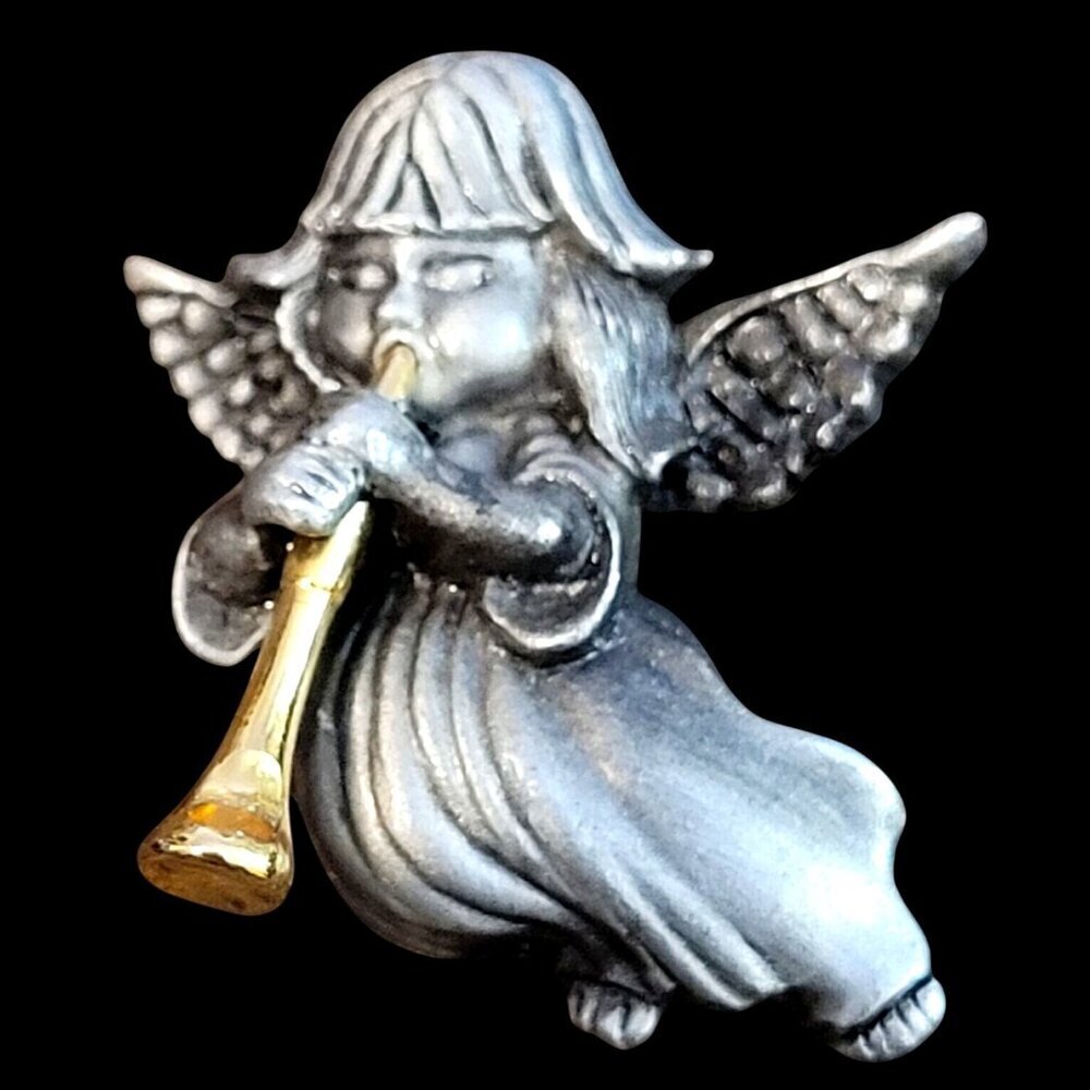 Vintage Daria Flying Angel Pin Brooch Pewter Gold-Tone Trumpet Pin Clasp 1.25"